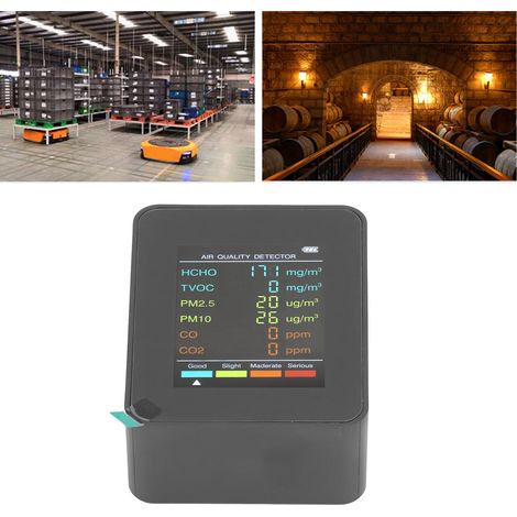 Luftqualitätsmonitor mit Alarmfunktion (schwarz) für CO2, TVOC, HCHO, PM2,5 und PM10. (1/5)