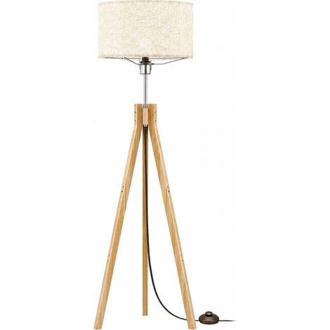 Lampadaire trépied en bois naturel, abat-jour en lin, ampoule LED E26 à intensité variable, style milieu du siècle, pour salon ou chambre.