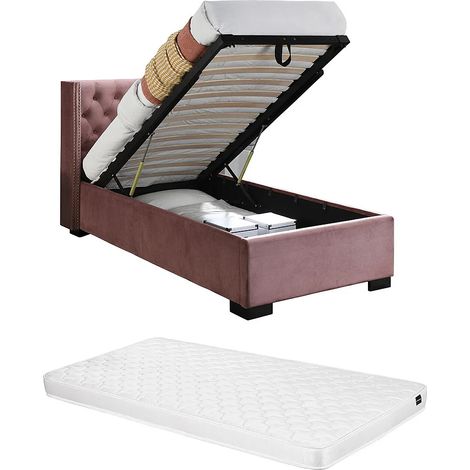 Letto con contenitore con Testata trapuntata + Materasso - 90 x 200 cm - Velluto - Rosa - MASSIMO (1/5)