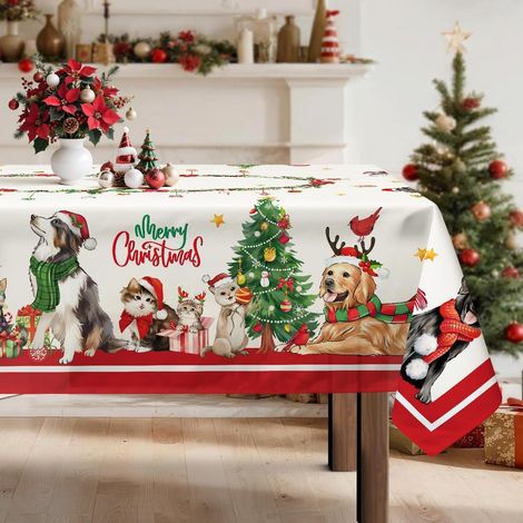 Weihnachts-Tischdecke mit Katzen- und Hunde-Motiv, rechteckig 152x264 cm