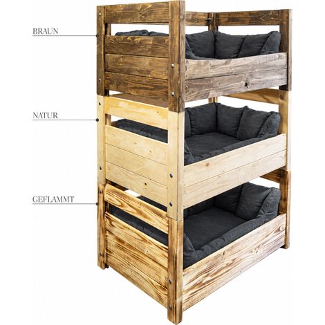 Hundebett Charly – Massivholz in Natur, Braun oder Geflammt 90x57x45cm Kissen grau (1/5)
