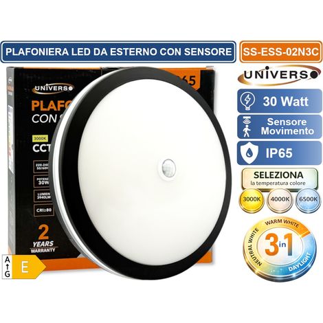 UNIVERSO SS-ESS-02N3C PLAFONIERA SMD LED CIRCOLARE 30W CON SENSORE DI MOVIMENTO E SWITCH CCT PER SELEZIONE LUCE 3000K/4000K/6500K IP65 DA ESTERNO (1/5)
