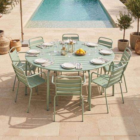 Ensemble table jardin 180 cm + 8 fauteuils en métal vert - BACA (1/5)