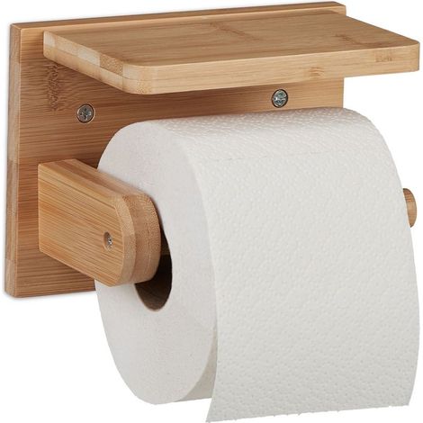 Relaxdays Porte-papier toilette bambou, étagère salle de bain H12xL16xP10cm, support téléphone & lingettes, design moderne résistant humidité (1/5)