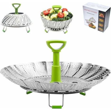 Panier Vapeur Inox, 9'' Cuit Vapeur Inoxydable pour Autocuiseur avec Manche Télescopique, Panier pour Cuire à la Vapeur, Fleur Marguerite Cuisson Vapeur, Pliable Vegetable Steamer Accessoire (1/5)