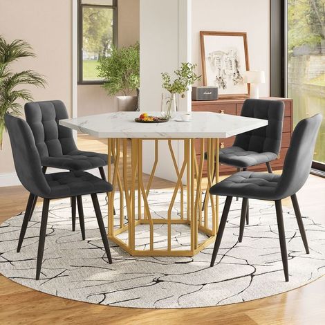 Table à manger 120x100, plateau marbre hexagonal Table de cuisine et chaises, chaises velours, piètement doré, facile d'entretien (1/5)