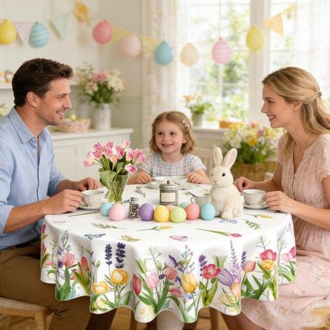 Nappe ronde – nappe – toile cirée – Ø 180 cm – Motif printanier avec fleurs et papillons – Lavable, antitache et infroissable – Décoration de table intérieure et extérieure – Convient pour les dîners (1/5)
