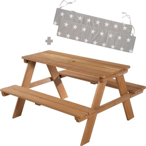 roba Panca con Tavolo per Bambini Picnic + Cuscini – per Esterno e Giardino – Resistente alle Intemperie – 4 Posti – per Campeggio - Motivo con Stelline – Legno Naturale (1/5)