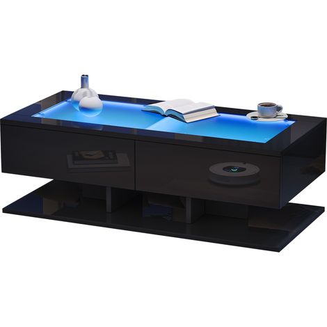 Table basse 100x50x35 cm noire brillante avec tiroirs, LED et plateau en verre