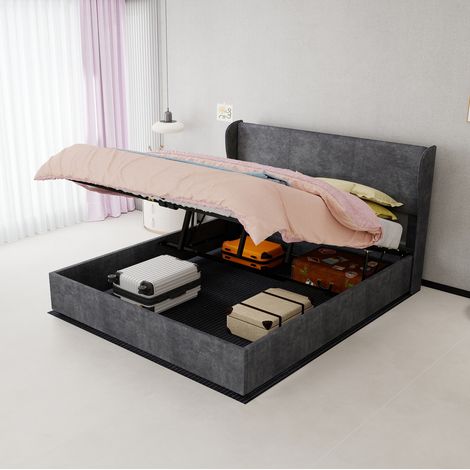 Lit coffre 160x200 cm en bois gris, avec rangement pour chambre, sans matelas FloraGrace (1/5)