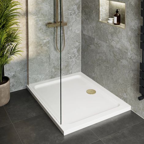 900 x 800mm Bathroom Low Profile White Shower Tray for Enclosure Brass Waste (1/5)