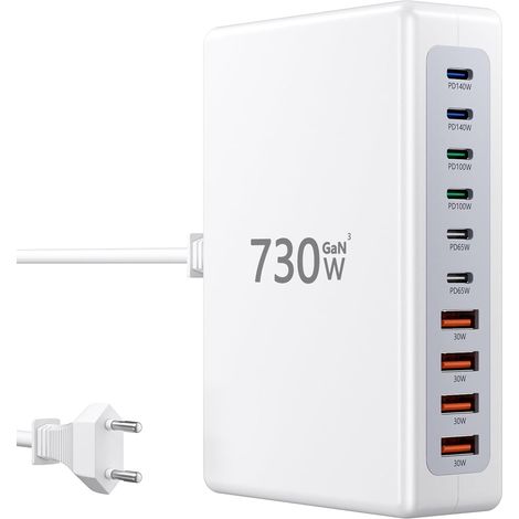 Chargeur USB C 730W, Station de Charge Rapide à 10 Ports [6 USBC + 4 USBA], Station de Charge USB GaN Ⅲ avec Deux Ports PD PPS 140 W/100 W/65 W, Compatible avec 16/15 (1/5)