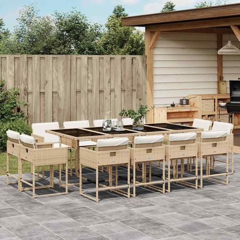 Set comedor de jardín con cojines 13 pzas ratán sintético beige