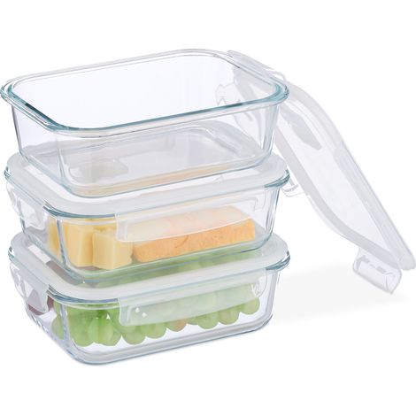 Relaxdays Boîtes alimentaires en verre, lot de 3, couvercle hermétique en plastique, 1 040 ml, récipients, transparents