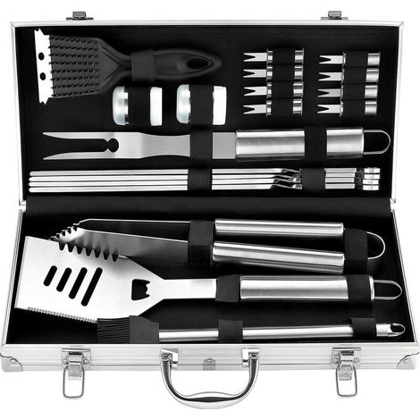 Kit Barbecue - 20 PC en Acier Inoxydable Barbecue Ustensiles de Gril dans Un Boîtier en Aluminium - Barbecue Ensemble d'outils pour Camping Voyage Jardin - Idee de Cadeau Homme Femmes (1/5)