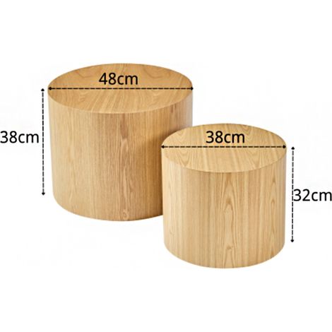 Ensemble de 2 tables basses gigognes modulaires – Design cylindrique bois massif naturel, noir et noyer, dimensions ø480x380 et ø380x320 – Gain de place et style (1/4)