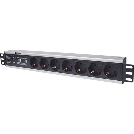 INTELLINET 48,3cm 19Zoll Steckdosenleiste 7-fach SCHUKO mit Ueberspannungsschutz 3m Stromkabel 1,5 H (1/4)