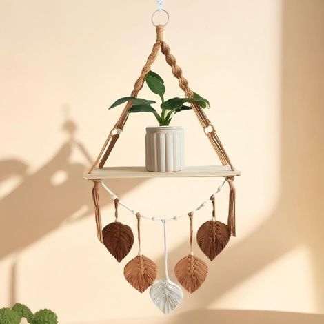 Étagères Murales Flottantes Bohèmes en Bois Naturel avec Décor Macramé – Sans Perçage pour Chambre, Salon ou Bureau (1/4)