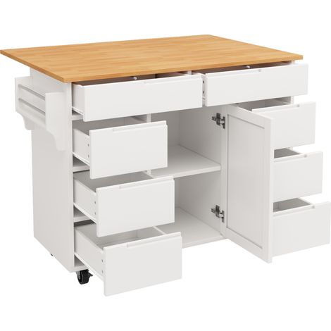 Isola da cucina mobile bianca in MDF con 8 cassetti, ruote e piano ribaltabile (1/5)