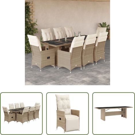 vidaXL Relaxsessel - 9-tlg. Garten-Bistro-Set mit Kissen Beige Poly Rattan (1/5)
