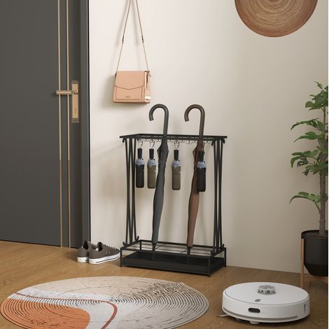 Porte-parapluies rectangulaire en acier noir avec 21 emplacements, 24 crochets et bac d'égouttage amovible, pour entrée, couloir et bureau, 50 x 24 x 68 cm - CHICFURN (1/5)