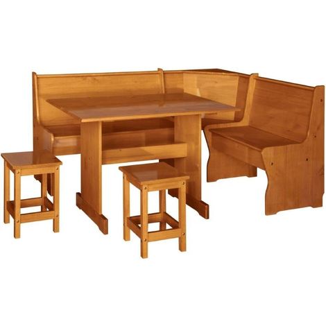 Conjunto rinconera con mesa y 2 taburetes, pino macizo, Moblit, serie Canet, medidas: (132x172x86) cm ( altoxanchoxfondo), color miel