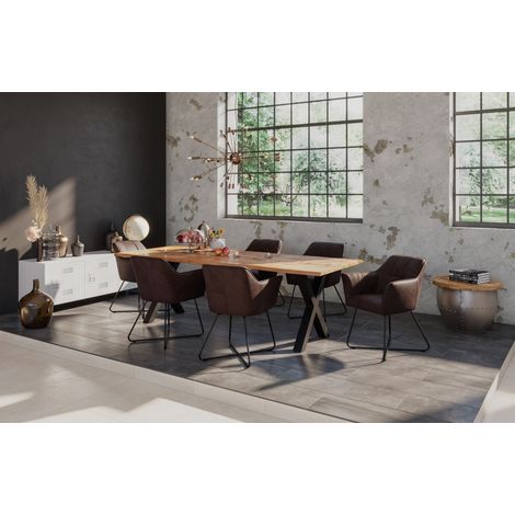 Essgruppe 220 cm Mango naturfarben X-Gestell schwarz mit 6 Stühlen DORA (1/5)