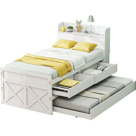 Letto Salvaspazio 90 x 190 cm in Legno Massello, Letto Singolo con Cassetti, Comodino, Porta USB, senza Materasso, Bianco (1/5)