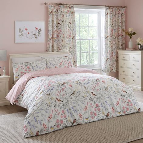 Housse de Couette à Fleurs et Oiseaux Roses 230 x 220 cm 2 taies d'oreiller Motifs réversibles Parure de lit Florale Vintage Rose Parure de lit à Fleurs de Jardin (1/5)