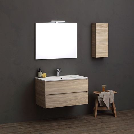 Mueble De Baño Colgado 90Cm Con Mueble Alto Roble Natural Valentina (1/5)