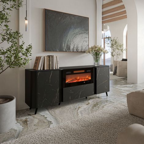 Aparador Briano, Aparador de Salón con Dos Puertas Batientes, Puerta Abatible y Chimenea Eléctrica, Elevado del Suelo, 191x40 h69 cm, Mármol y Negro (1/5)