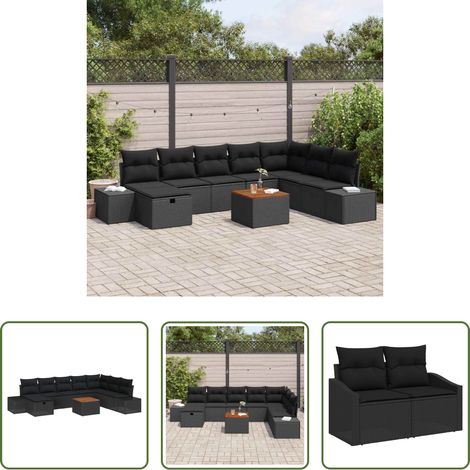 Mobilier extérieur - Ensemble de canapé de jardin avec coussin 9 pcs Noir polyrotin (1/5)