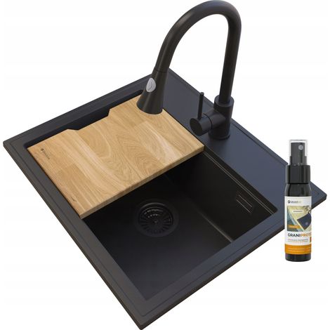 Évier de Cuisine en Granit FOXAL Noir avec Robinet SNAKE, Siphon Doré et Planche à Découper - 1 Bac (1/5)