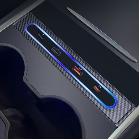 (T04) Station d'accueil d'extension 2-en-1 en fibre de carbone texturée pour console centrale avec éclairage d'ambiance + boîte de rangement magnétique, adaptée à Tesla Model 3 2019-2023. (1/5)