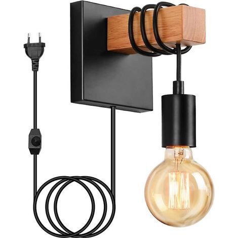 Aplique de pared industrial de madera – Interruptor giratorio – Casquillo E27 – Altura 16 cm – Para interiores elegantes y vintage (1/5)