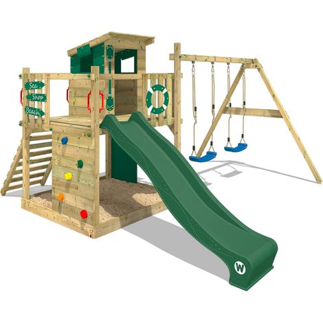 Wickey – Aire de jeu en bois avec cabane, balançoire et toboggan 220 cm – Bois massif traité – 10 ans de garantie – Pour jeux extérieurs