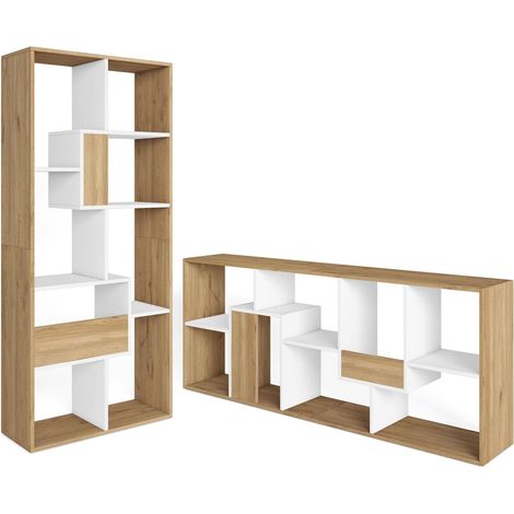 Skraut Home - Libreria scaffale, Scaffali in legno a ripiani, 67x31x162cm, Per libri, Stile moderno, Rovere e bianco (1/5)