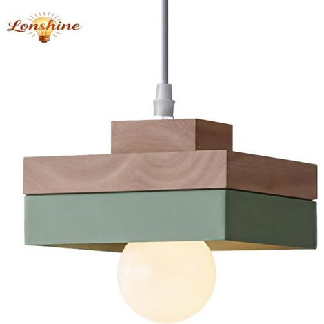 LONSHINE Suspension Moderne Carré Abat-jour en Bois et Métal Vert E27 Luminaire Lustre Chambre Éclairage de Plafond pour Salon (1/5)