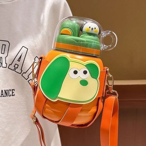 Niedliche Thermoskanne mit Cartoon-Motiv, großes Fassungsvermögen und tragbar, orangefarbener Thermobecher für draußen mit großem Bauch (1/4)