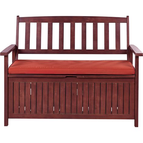 Banco de jardín con almacenaje de madera maciza de acacia 2 plazas 120 cm rojo oscuro con cojín rojo Sovana