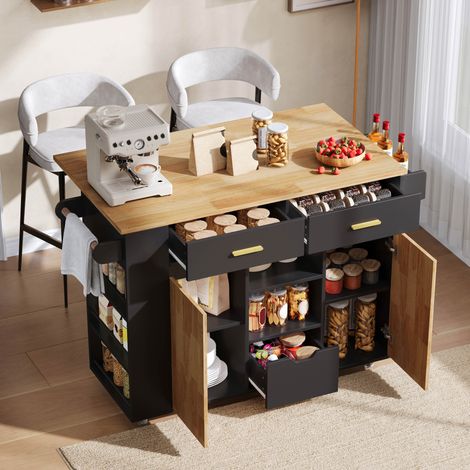 Îlot de cuisine 120x45(71)x90 cm avec plateau rabattable, 3 tiroirs, étagère à épices, roulettes, MDF - noir (1/5)