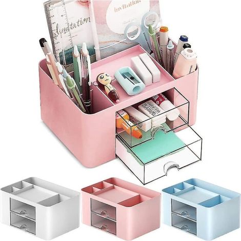 Organiseur de bureau en plastique avec tiroir, porte-stylos, pour bureau, maison, école, rose (1/5)