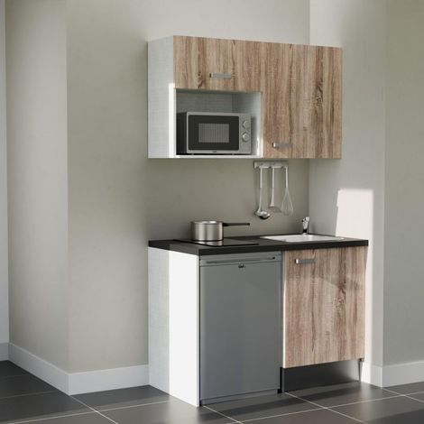 Kitchenette K07L-PT - 120 cm - plan stratifié, évier inox, - Façade Bois - Plan Noir texturé - Evier Inox - Crédences Non + Electroménager inclus coloris Inox
