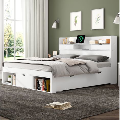 Letto 160x200 cm in legno bianco con contenitore, senza materasso- FLORAGRACE (1/5)