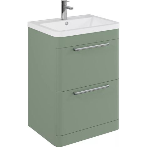 Balterley Calwich Contemporary Bathroom Floor Standing Vanity Unit with 2 Soft Close Drawers & 1 Tap Hole Ceramic Basin, Satin Green 600mm
