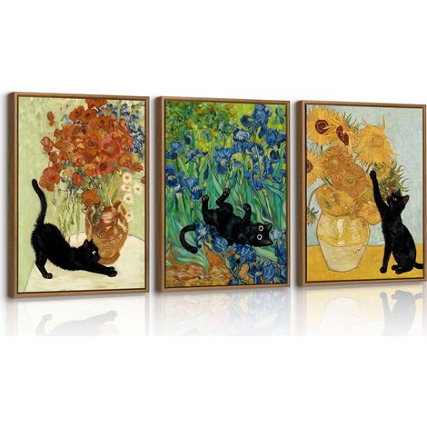3Pcs Drôle Chat Noir et Tournesols Impression Sur Toile Avec Cadre Vintage Coquelicots Affiche Tableau Decoration Murale Drôle Animaux Tableau Peinture Sur Toile Decor Salon Chambre 30x40cmx3 (1/5)