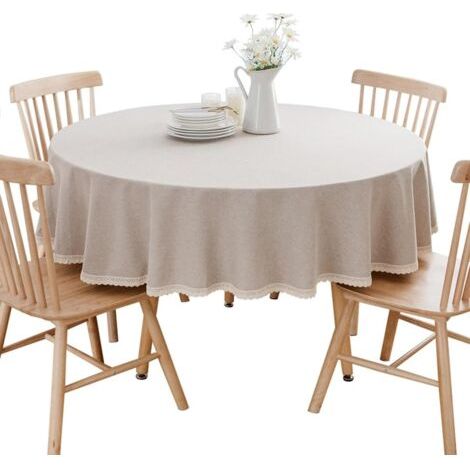 PA Runde Tischdecke aus Baumwolle und Leinen. Schützen und dekorieren Sie den Tisch in Khaki, Durchmesser 160 cm (1/4)