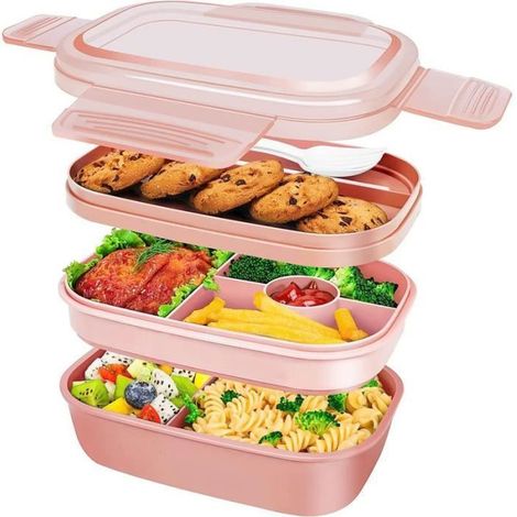 1900ML lunchbox Enfant Adulte - Bento lunch avec 3 Compartiments et Couverts - pour Micro-Ondes et Lave-Vaisselle - Rose (1/4)