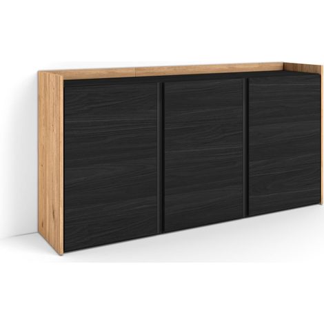 Skraut Home - Credenza, Mobile, Cucina, Madia, mobile ingresso, 156x35x80 cm, 3 Porte, grande stoccaggio, Stile moderno, Nero e rovere (1/5)