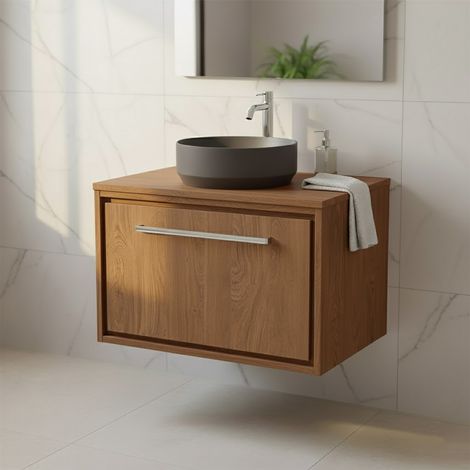 Hudson Reed Lille Wall Hung 1-Drawer Vanity Unit with Worktop 600mm Wide - Antique Oak (1/4)